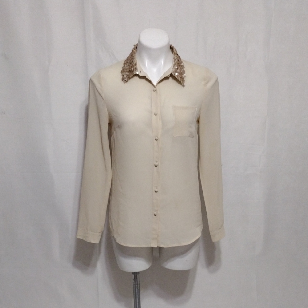 Papaya Sheer Chiffon Long Sleeve Blouse Small Sequin Collar Elegant Dressy Top